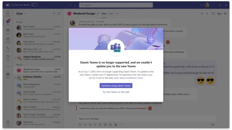 Microsoft Teams classic client will cease to be available after July 1, 2024