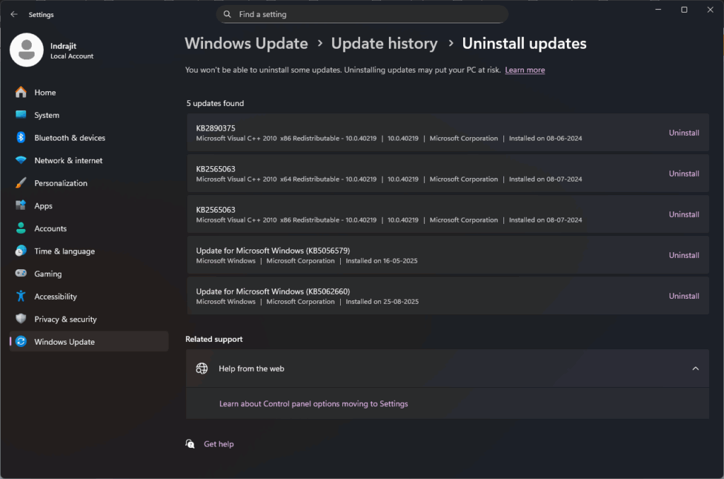 uninstall Last Windows Update
