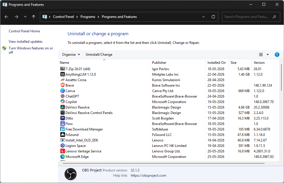 appwiz.cpl - Installed Programs