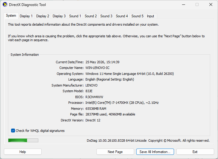 dxdiag - DirectX Diagnostic Tool