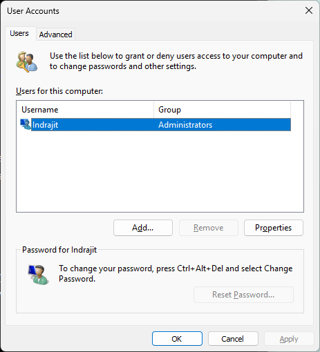 netplwiz - User Accounts